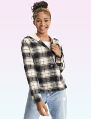 Tween Girls Plaid Twill Cropped Button Up Shirt