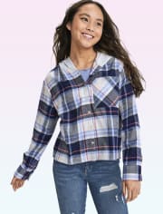 Tween Girls Plaid Twill Cropped Button Up Shirt