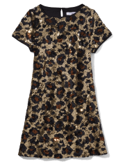 Girls Leopard Sequin Shift Dress