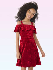 Tween Girls Velvet Off Shoulder Dress