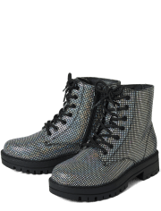 Girls Holographic Lace Up Boots