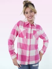 Tween Girls Plaid Oversized Button Up Shirt
