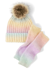 Tween Girls Ombre Pom Pom Beanie & Mittens Set