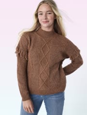 Tween Girls Fringe Cable Knit Sweater