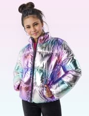 Tween Girls Foil Ombre Cropped Puffer Jacket