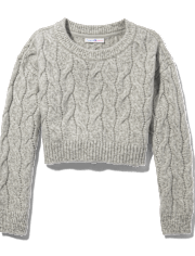 Tween Girls Long Sleeve Cable Knit Cropped Sweater - GRAY Tween Girls Long Sleeve Cable Knit Cropped Sweater - GRAY