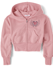 Tween Girls Heart Fleece Cropped Zip Up Hoodie