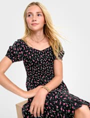 Tween Girls Floral Smocked Tiered Dress