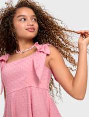 Tween Girls Clip Dot Bow Shoulder Dress