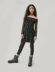 Tween Girls Floral Mesh Off-Shoulder Dress
