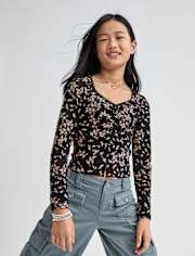 Tween Girls Floral Cinched Split Front Top