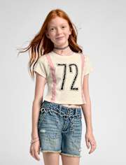 Tween Girls Lace Trim Varsity Graphic Top