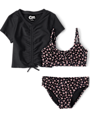 Tween Girls Floral Ruched 3-Piece Swimsuit