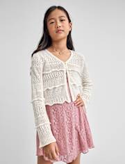 Tween Girls Ruffle Pointelle Cardigan
