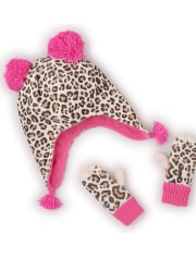 Toddler Girls Leopard Print Double Pom Pom Hat And Mittens Set