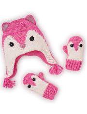 Toddler Girls Shimmery Neon Fox Hat And Mittens Set