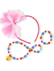 Girls Multicolor Beaded Necklace Bracelet And Mesh Pouf Headband Set
