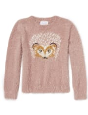 Girls Animal Graphic Fuzzy Sweater