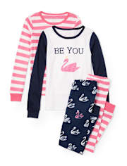 Girls Flamingo And Striped Top And Pants 4-Piece Snug Fit Pajamas
