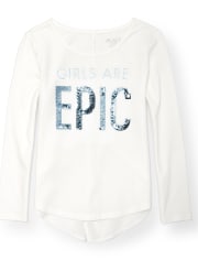 Girls Embellished Graphic Pieced Back High Low Top