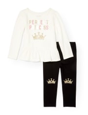 Conjunto de top de manga larga con purpurina 'Perfect Princess' y leggings con corona de purpurina para niñas pequeñas