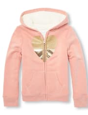 Girls Glitter Graphic Faux Sherpa Lined Zip Up Hoodie