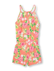 Girls Sleeveless Floral Print Woven Racerback Romper