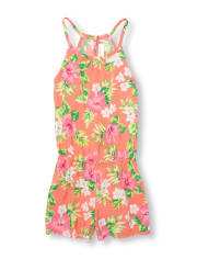 Girls Sleeveless Floral Print Woven Racerback Romper