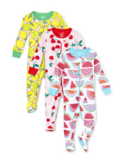Pijama de una pieza de algodón con ajuste ceñido de frutas para bebés y niñas pequeñas, paquete de 3