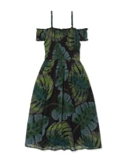 Girls Mommy And Me Tropical Leaf Print Woven Off Shoulder Matching Maxi Dress