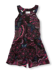 Girls Sleeveless Butterfly Print Woven Halter Neck Romper