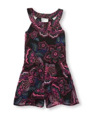 Girls Sleeveless Butterfly Print Woven Halter Neck Romper