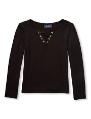 Girls Faux Lace Up Lightweight Sweater Knit Top
