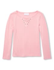 Girls Long Sleeve Faux Lace Up Lightweight Sweater Knit Top