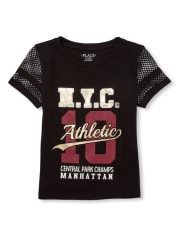 Girls Active Short Mesh Sleeve Foil Graphic Top