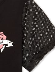 Girls Short Mesh Sleeve Glitter Patch Graphic Top