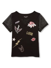Girls Short Mesh Sleeve Glitter Patch Graphic Top