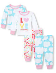 Pyjama 4 pièces en coton ajusté papa pour bébés et petites filles