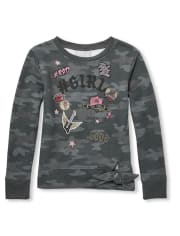 Girls 'Hashtag Girl' Patch Camo Tie Front Pullover