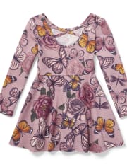 Vestido con espalda cruzada y tejido con estampado de mariposas y flores brillantes para bebés y niñas pequeñas
