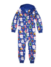 Unisex Kids Matching Family Christmas Emoji Fleece Hooded One Piece Pajamas