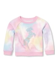 Jersey de rizo francés con efecto tie-dye y unicornio metalizado activo para bebés y niñas pequeñas