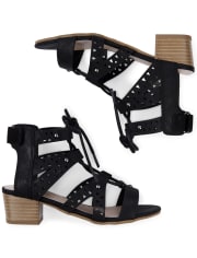 Girls Laser Cut Lace Up Mini Heel Sandals