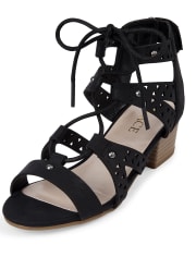 Girls Laser Cut Lace Up Mini Heel Sandals