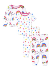 Baby And Toddler Girls Rainbow Snug Fit Cotton 4-Piece Pajamas