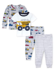 Baby And Toddler Boys Construction Truck Snug Fit Cotton 4-Piece Pajamas