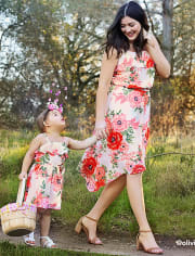 Girls Mommy And Me Floral Matching Sharkbite Hem Dress