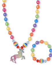 Girls Rainbow Unicorn Beaded Necklace And Bracelet Set