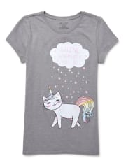 Camiseta con estampado de caticorn y purpurina para niñas