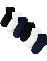 Paquete de 6 calcetines con puños vueltos y volantes de uniforme para niñas
